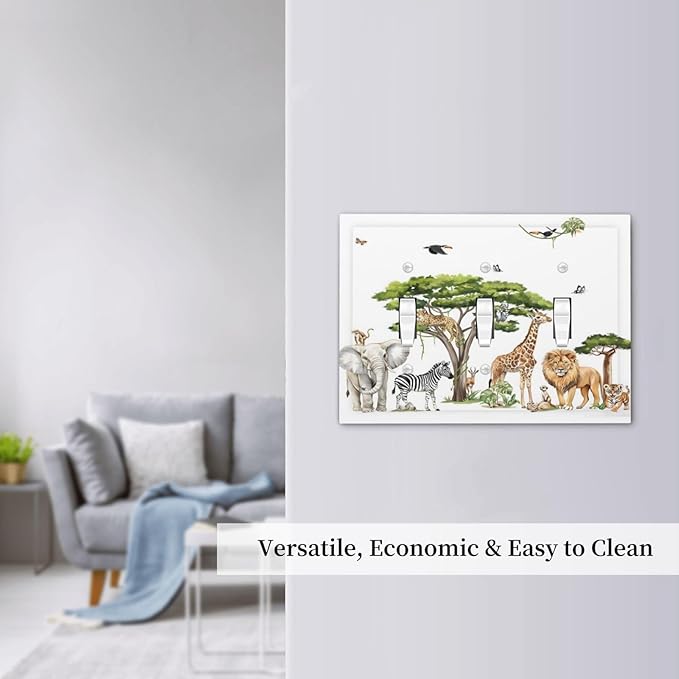 Large Animals Elephant Giraffe Jungle Lion Leopard Zebra Decorative Switch Plates 3 Gang Wall Plate Triple Toggle Light Switch Cover Faceplate Electrical Wall Panels for Kids Room Nursery Decor