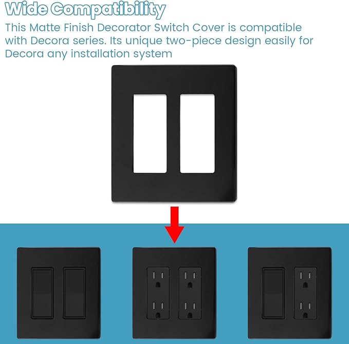 Matte Black 2-Gang Screwless Decorative Wall Plates, Wall Plate Child Safe Outlet Cover, Unbreakable Polycarbonate Thermoplastic for Leviton 80309-SE, Screw Smooth Face Switch Plates, 3-Pack