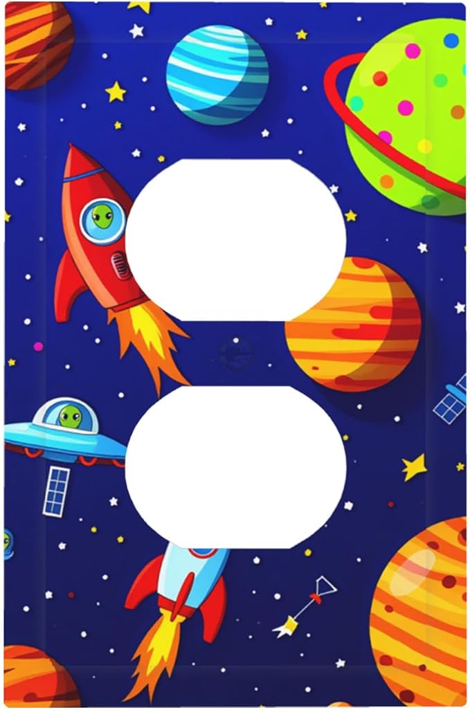 Planets, Rockets & Aliens Duplex Wall Plate - 1-Gang Standard US Size Astronaut Cosmic Adventure Outlet Covers for Boy's Bedroom Decor
