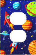Planets, Rockets & Aliens Duplex Wall Plate - 1-Gang Standard US Size Astronaut Cosmic Adventure Outlet Covers for Boy's Bedroom Decor
