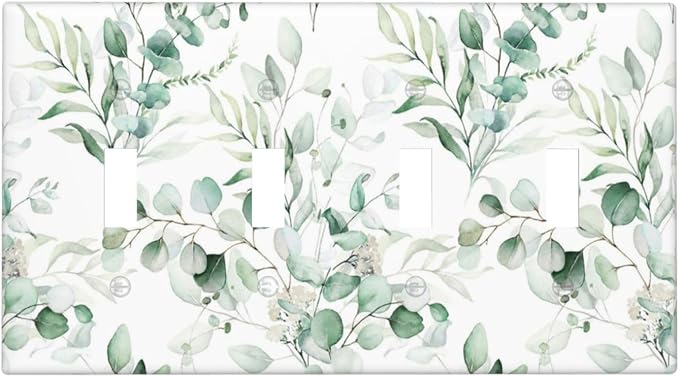 Boho Green Eucalyptus Leaf Floral Plants Flowers Light Switch Covers Quad Toggle Electrical Faceplate 4 Gang Wall Plate Decorative Switch Plates for Bed Room Living Room Decor