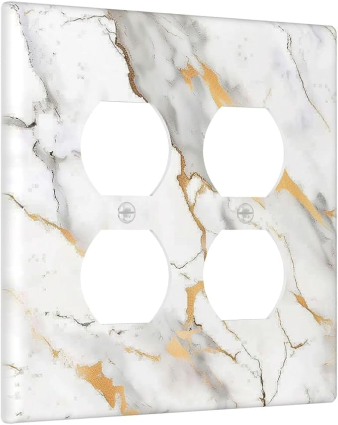 Outlet Covers Marbling Style White Background Gold Gray Stripes 2 Gang Double Duplex Decorative Light Switch Covers Electrical Wallplates Socket Faceplate For Bathroom Kitchen Decor