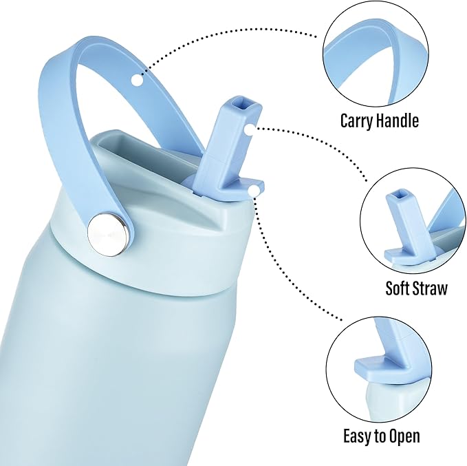 Oldley 32oz Insulated Water Bottle with Straw, Stainless Steel Water Bottle for Sports, Travel, School, BPA-Free Sports Bottles for Adult Kids, Leak-Proof, Light Blue