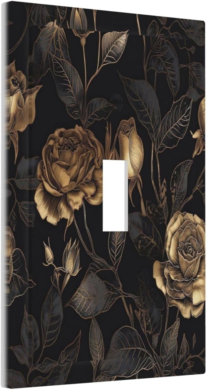 Black Floral Dark Vintage Gold Rose Flower Decorative Light Switch Cover 1 Gang Single Toggle Device Electrical Faceplate Switchplates Decorator Outlet Wall Plate for Bedroom Living Room Decor
