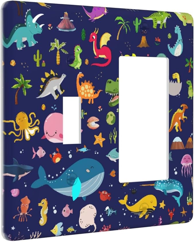 Kids Boys Cartoon Dinasour Theme 2 Gang Single Toggle/Decorator Combination Light Switch Cover Nursery SeDecorative Combo 1-Toggle/1-GFCI/Rocker Wall Plate Cover