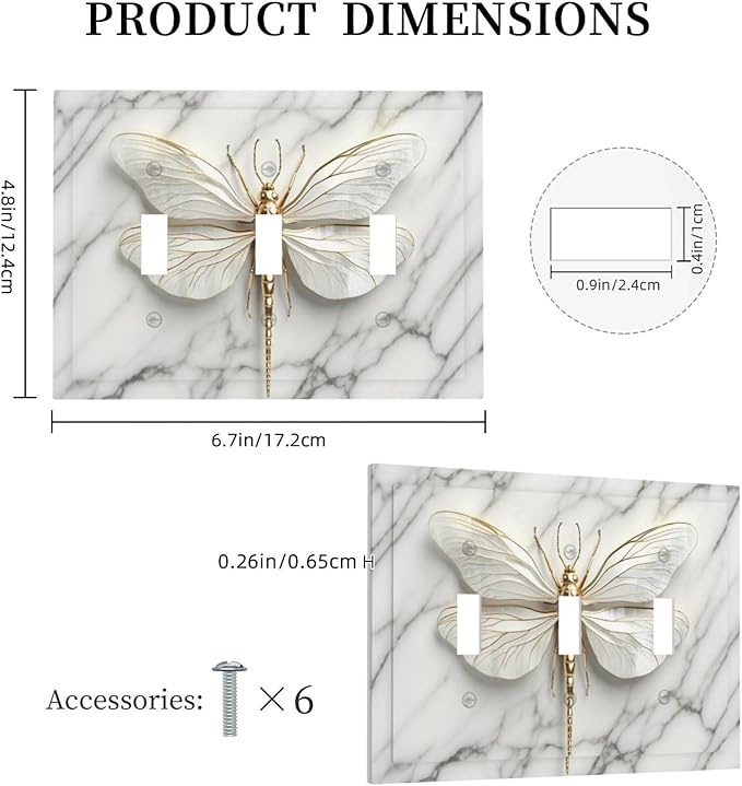 White Gold Marble Dragonfly Abstract Modern Decorative Switch Plates 3 Gang Wall Plate Triple Toggle Light Switch Cover Faceplate Electrical Wall Panels for Bathroom Home Decor