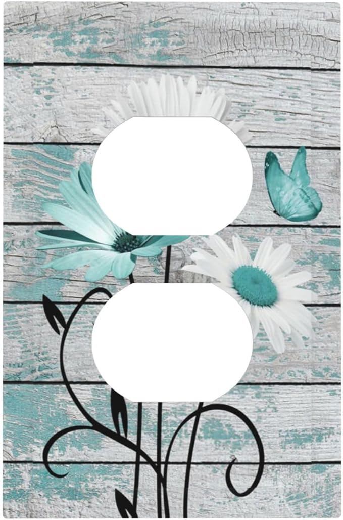 Teal White Daisy Flower Butterfly On Rustic Wood Board Outlet Covers 1 Gang Duplex Light Switch Cover Decorative Switch Plates Electrical Receptacle Faceplate Wall Plate for Farmhouse Bedroom Decor