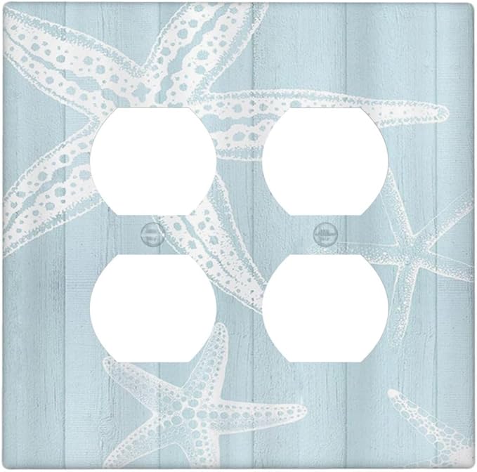 Outlet Covers Blue Wooden Plank Starfish Ocean Vintage 2 Gang Decorative Light Switch Cover Double Duplex Wall Plates Switch Plates Electrical Socket Covers for Bathroom Bedroom Decor