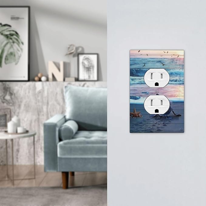 1 Gang Duplex Receptacle Outlet Cover Nautical Sea Beach Sea Turquoise Blue Turtle Seashells Conch Starfish Ocean Marine Electrical Wall Plate One Gang Dual Device Light Switch Faceplate Socket Cover