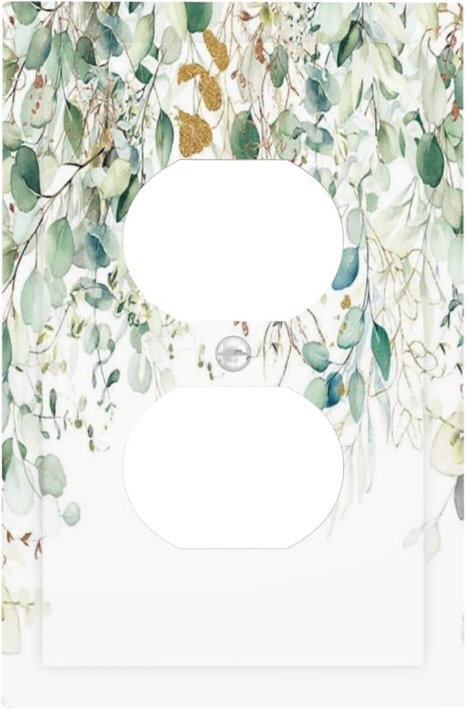 Gold Green Eucalyptus Leaves Plants Flowers Floral Outlet Covers 1 Gang Duplex Light Switch Cover Decorative Switch Plates Electrical Receptacle Faceplate Wall Plate for Bedroom Living Room Decor