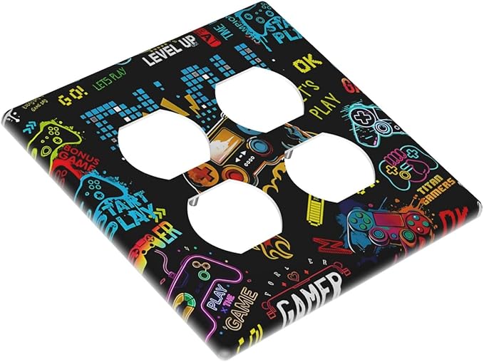 Gamer Video Game Themed Cool Controller Print Outlet Covers 2 Gang Double Duplex Decorative Light Switch Covers Electrical Wallplates Socket Faceplate for Kids Room Office Decor