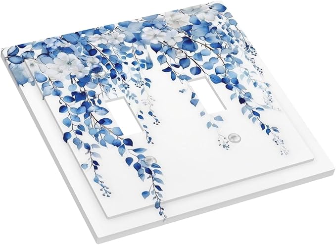 Blue Eucalyptus Leaves Floral Vine Flower Decorative Switch Plates 2 Gang Double Toggle Outlet Light Switch Cover Wall Plate Electrical Faceplate for Bedroom Living Room Decor