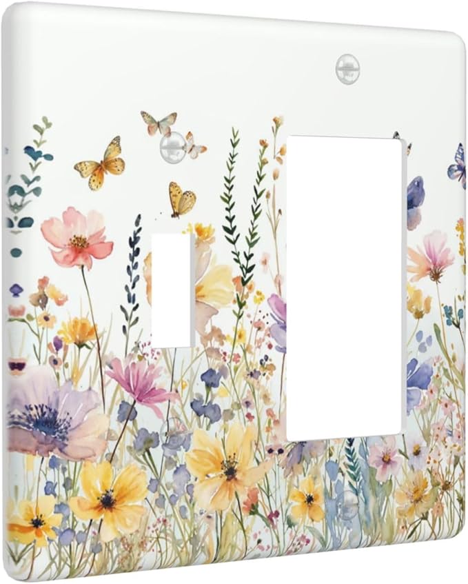 Wildflowers Colorful Flower Butterfly Floral Outlet Covers 1 Toggle 1 Rocker Combination Decorative Wall Plate Electrical Switch Plates Light Switch Cover Plate for Farmhouse Bedroom Decor