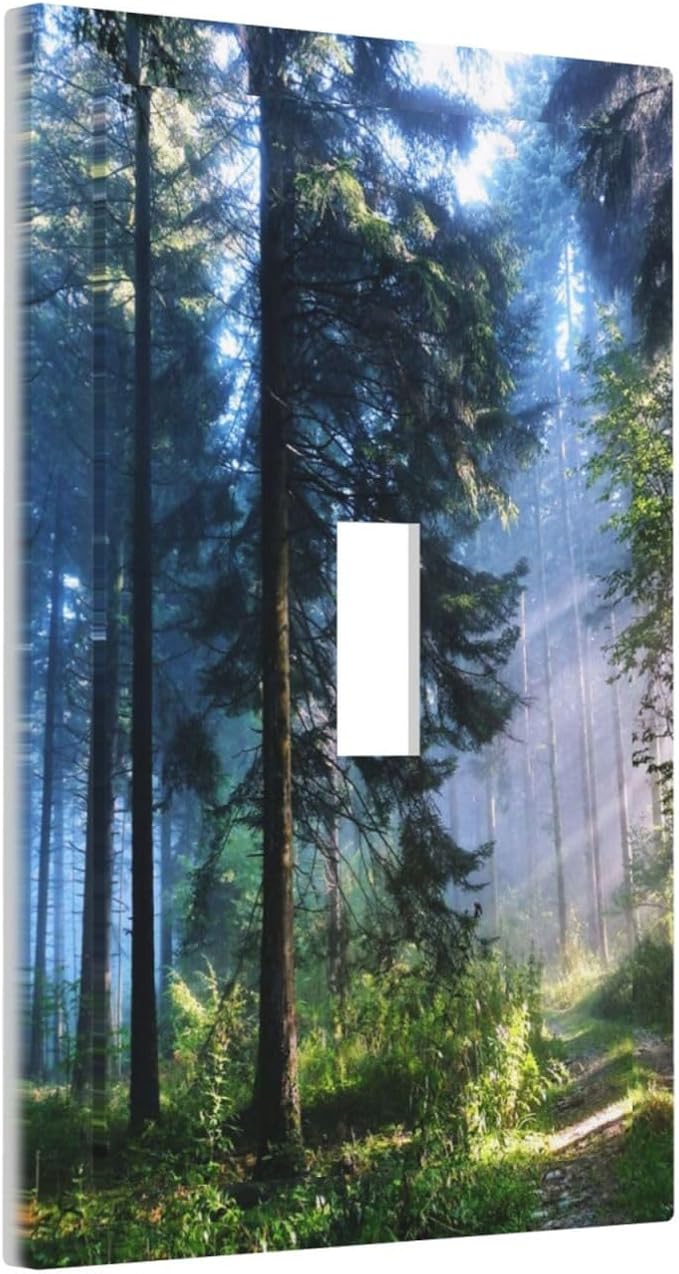 Nature Misty Forest Green Foggy Watercolor Woodland Pine Larch Tree Mountain 1 Gang Single Toggle One Device Mid Size Plug Socket Wall Plate Landscape Jungle Light Switch Plate Outlet Cover Dimmer