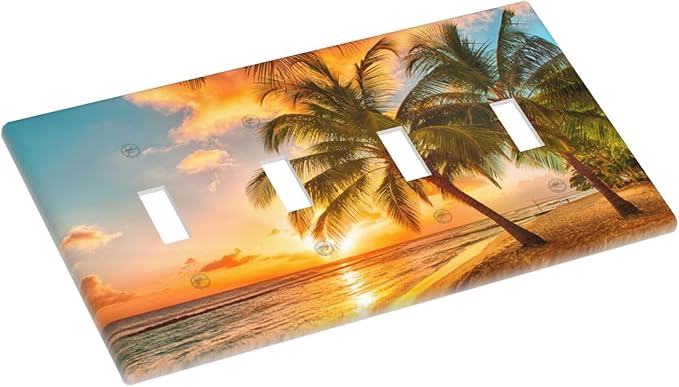Light Switch Cover Sunset Beach Palm Tree Seascape 4 Gang Switch Plate Quad Toggle Wall Plates Tropical scenery Decorative Switchplate Electrical Outlet Cover Plates for Bathroom Home Decor