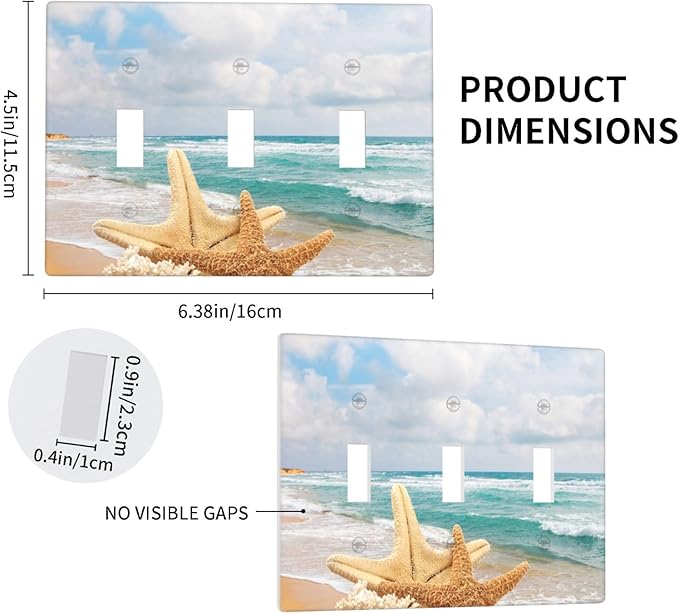 Ocean Beach Seashell Light Switch Cover Plates Decorative Triple Toggle Wall Plate, 3 Gang Lightswitch Cover