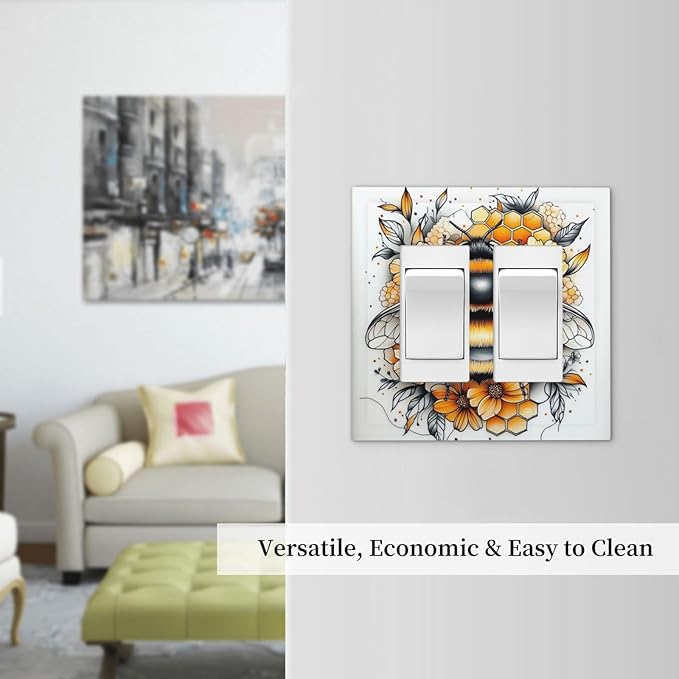 Decorative Outlet Covers Bee Honeycomb Flowers Plant Leaves 2 Gang Double Gfci Rocker Electrical Wall Panels Light Switch Cover Plate For Nursery Kids Room Decor