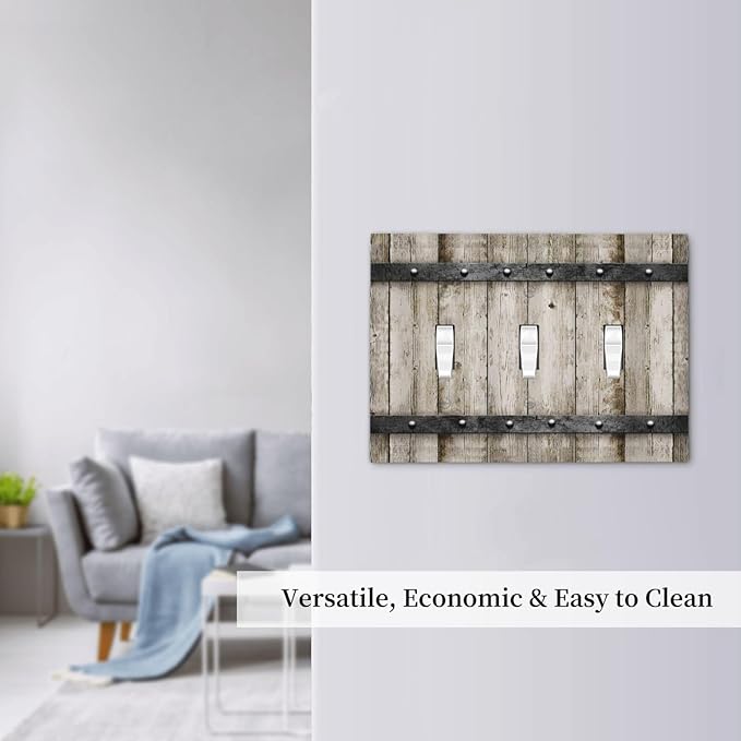 Rustic Vintage Brown Grey Wood Plank Print 3 Gang Light Switch Plate Decorative Western Kitchen Barn Cabin Wooden Board Grain Triple Toggle Electrical Outlet Switch Plug Face Plate Cover Mid Size