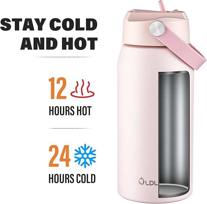 Oldley 18oz Insulated Water Bottle with Straw, Stainless Steel Water Bottle for Sports, Travel, School, BPA-Free Sports Bottles for Adult Kids, Leak-Proof, Pink