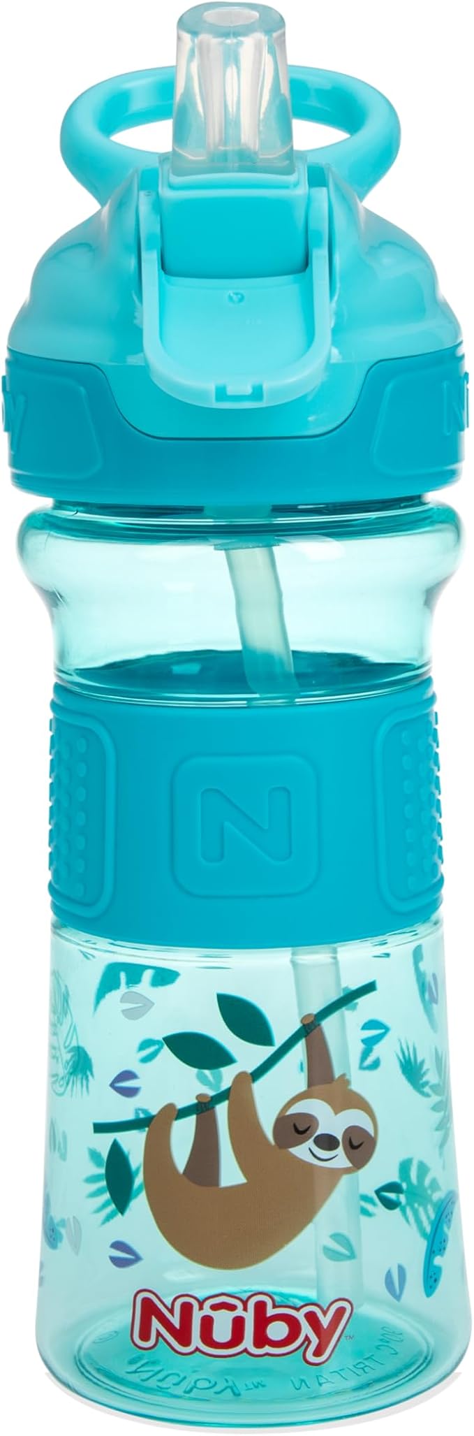 Nuby Thirsty Kids Push Button Flip-it Soft Spout on The Go Water Bottle with Easy Grip Band, 12oz, Sloth