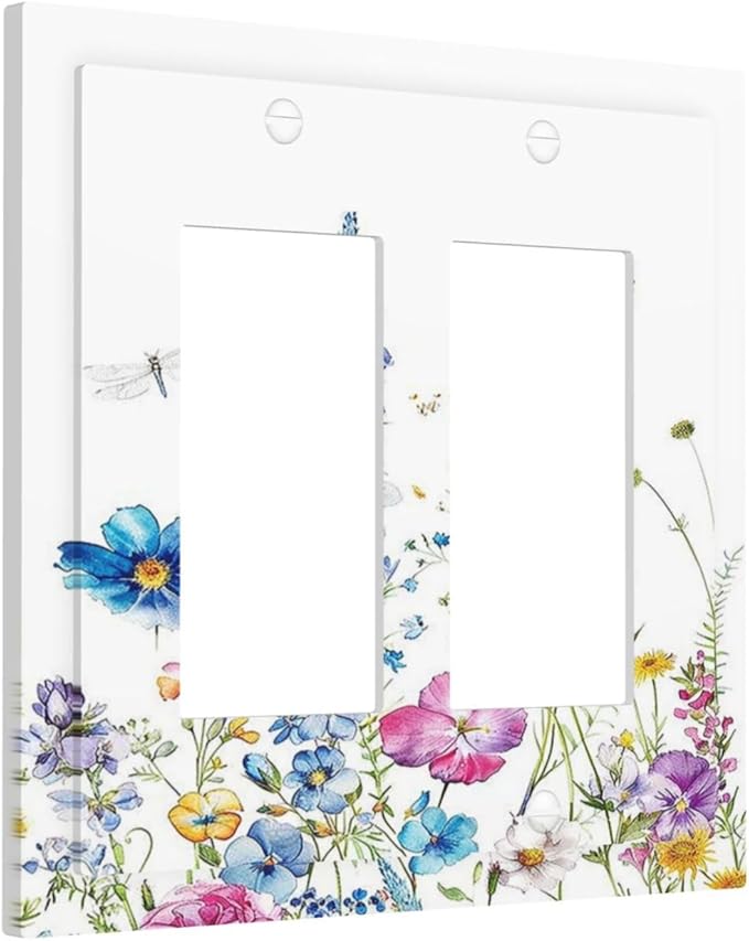 Decorative Outlet Covers Boho Colorful Flowers Plants And Dragonflies 2 Gang Double GFCI Rocker Electrical Wall Panels Light Switch Cover Plate for Bedroom living Room Decor