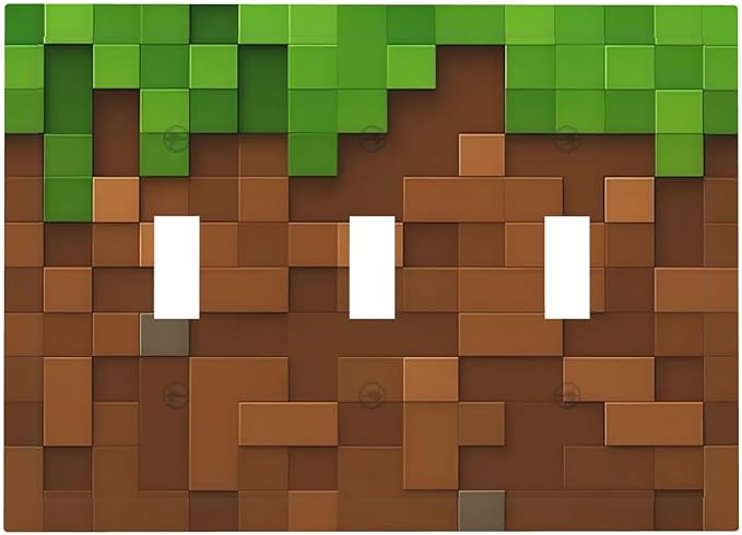 Pixel Style Gamer Themed Grass Block Decorative Switch Plates 3 Gang Wall Plate Triple Toggle Light Switch Cover Faceplate Electrical Wall Panels for Kids Room Office Home Decor