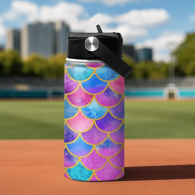 Mermaid Water Bottle for Girls Kids Kid Insulated Water Bottles 12oz Stainless Steel Travel School Tumbler Double Wall Vacuum Cup with Straw