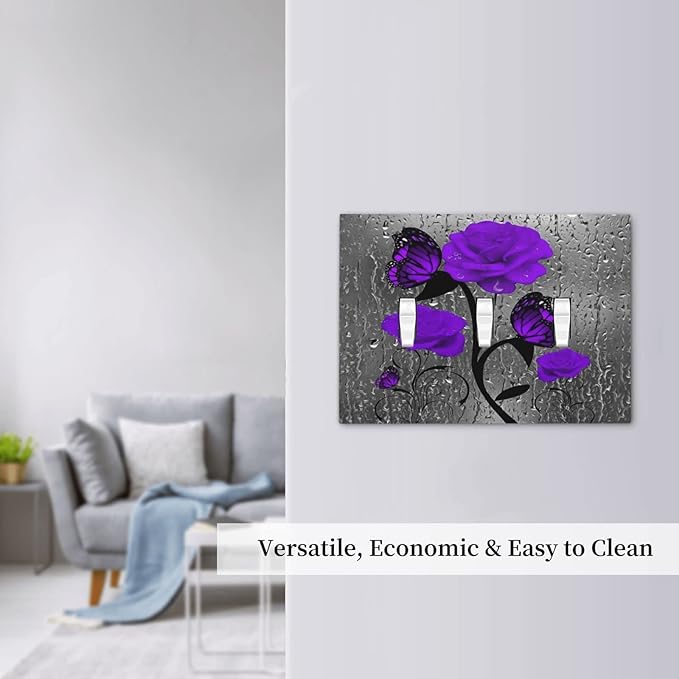 Rose Butterfly Purple Flower 3 Gang Triple Toggle Light Switch Wall Plate Cover Decorative Electrical Faceplate For Girls Grey Floral Room Bedroom Bathroom Decorate 6.7" x 4.8 Large Size