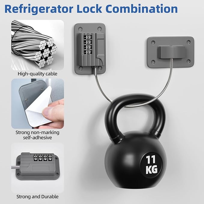 RORMGO Refrigerator Lock, Heavy Duty Fridge Locks for Kids, Freezer Lock with Combination for Refrigerator Drawer Cabinet Safety, Easy to Install No Keys Needed Grey