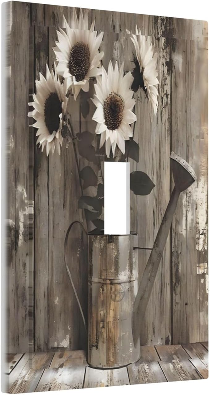 Rustic Floral Country Sunflower Daisy Old Wooden Boards Decorative Light Switch Cover 1 Gang Single Toggle Device Electrical Faceplate Switchplates Decorator Outlet Wall Plate for Farmhouse Home Decor