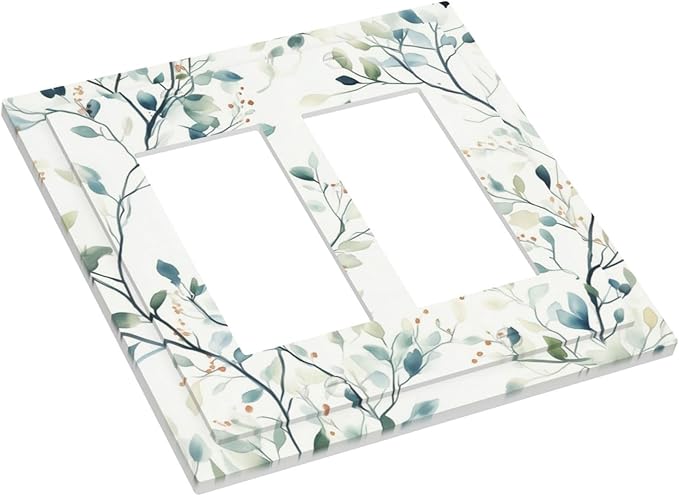 Watercolor Floral Green Leaves Double Rocker Light Switch Cover Green Botanical Flowers 2 Gang Outlet Covers Switchplates Wall Plate Decorative for Bedroom Kitchen Living Room Decor