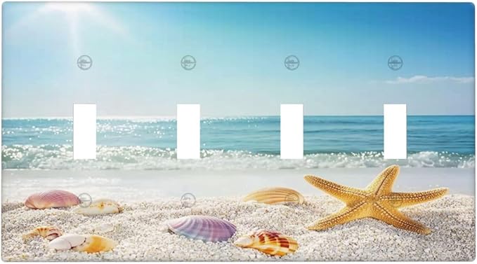 Light Switch Covers Summer Beach Colorful Seashell Starfish Quad Toggle Electrical Faceplate 4 Gang Wall Plate Decorative Switch Plates For Kids Room Nursery Decor