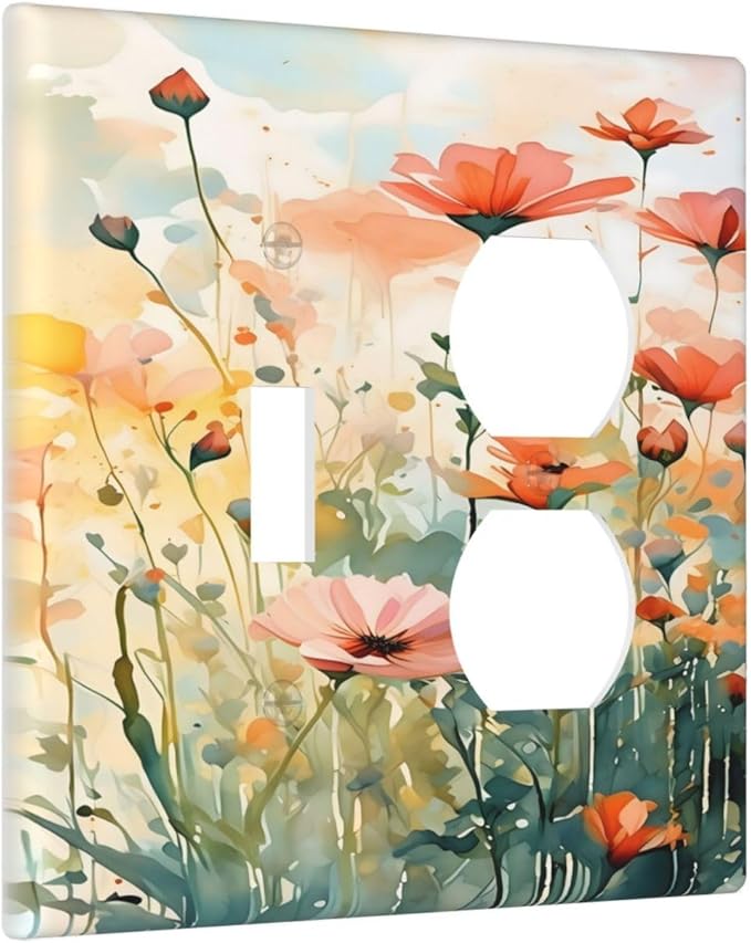 Vintage Red Orange Yellow Poppy Floral Flowers Wallplates 1 Toggle 1 Duplex Switch Plate Electrical GFCI Faceplate Decorative Light Switch Covers for Bedroom Living Room Decor
