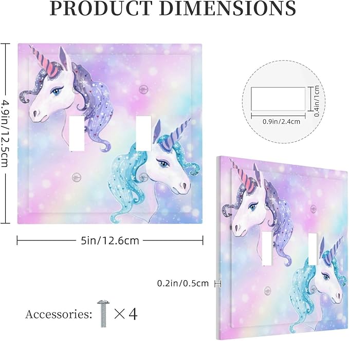 Cute Funny Cartoon Colorful Rainbow Purple/Blue Unicorn Double Toggle Wall Plate Lovely Kid Girl Fantasy Dream Animal Decorative 2-Gang Light Switch Cover Electrical Receptacle Outlet Face Plate Cover