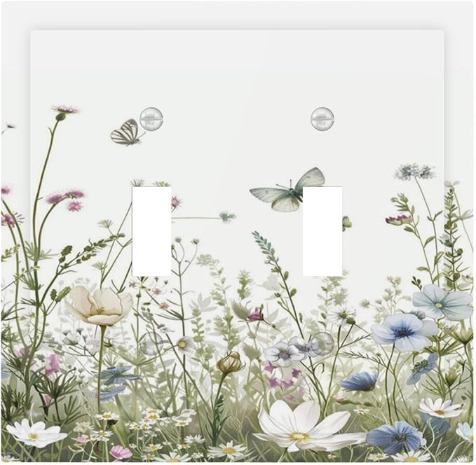 Colorful Wildflowers Daisy Plant Butterfly Floral Decorative Switch Plates 2 Gang Double Toggle Outlet Light Switch Cover Wall Plate Electrical Faceplate for Bed Room Living Room Decor