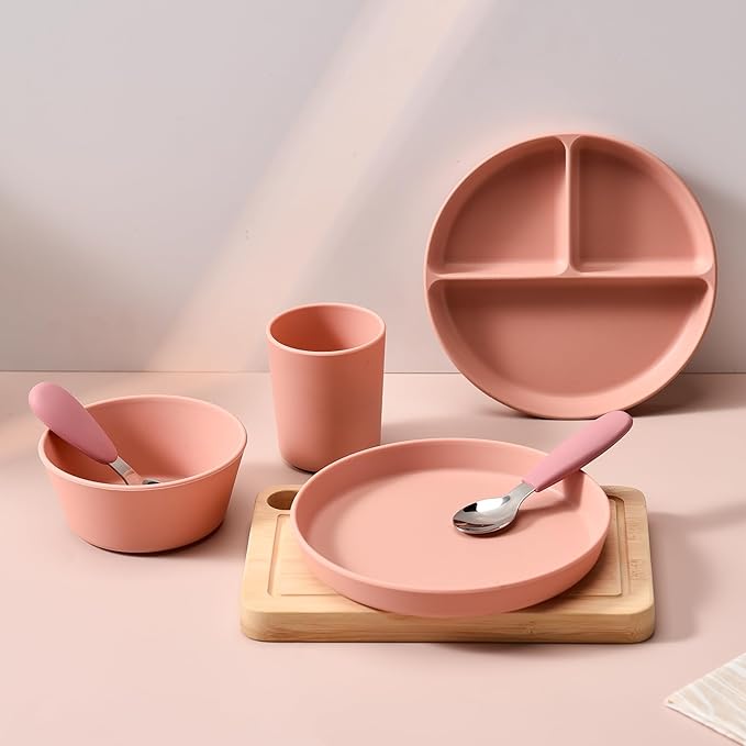 Complete tableware set, 6 pieces, water cups, dinner plates, divided dinner plates, bowls, spoons, and forks. (pink)