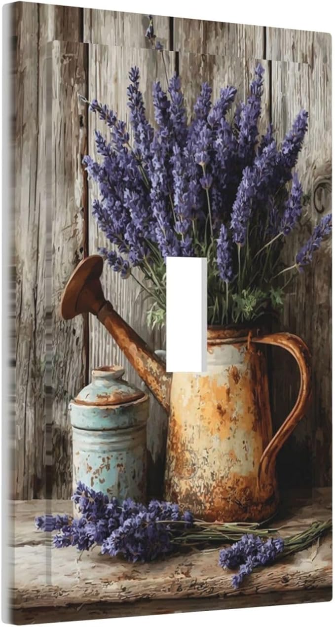 Rustic Flowers Lavender Purple Floral Oil Painting Decorative Light Switch Cover 1 Gang Single Toggle Device Electrical Faceplate Switchplates Decorator Outlet Wall Plate for Farmhouse Bedroom Decor
