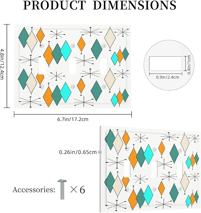 Teal/Green Mid Century Boho Abstract Triple Toggle Decorator Outlet Light Switch Wall Plate Cover 1960s Atomic Diamond Stars Pattern Art Jumbo Decorative 3 Gang Three Device Receptacle Faceplate Cover