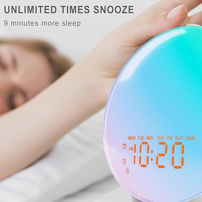JALL Sunrise Alarm Clock with 25 Soothing Sounds, White Noise Sound Machine for Sleep, Sunset Lamp & 5W Bluetooth Speaker, Dual Alarms for Heavy Sleepers, Kids, Adults, Bedrooms, Wood Grain