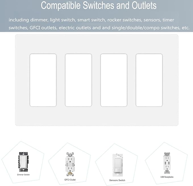 4-Gang Screwless Decora Wall Plate Cover Switch Outlet Electrical Faceplate for Light Switche, Smart Switch, Receptacle, Dimmers, USB Outlet, GFCI, Child Safe Cover Plate, White (2-Pack)