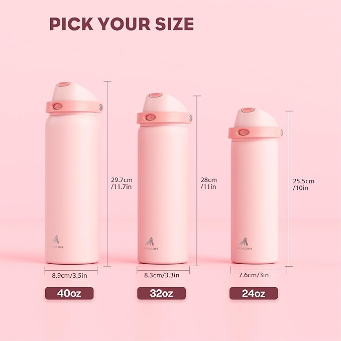 POWCAN 40 oz Insulated Water Bottle for Sports: 2-in-1 Lid with Push-Button Spout & Quick-Flip Straw, Leakproof, Car Cupholder Friendly, Stainless Steel for Gym, School, Travel, Camping (Cotton Candy)