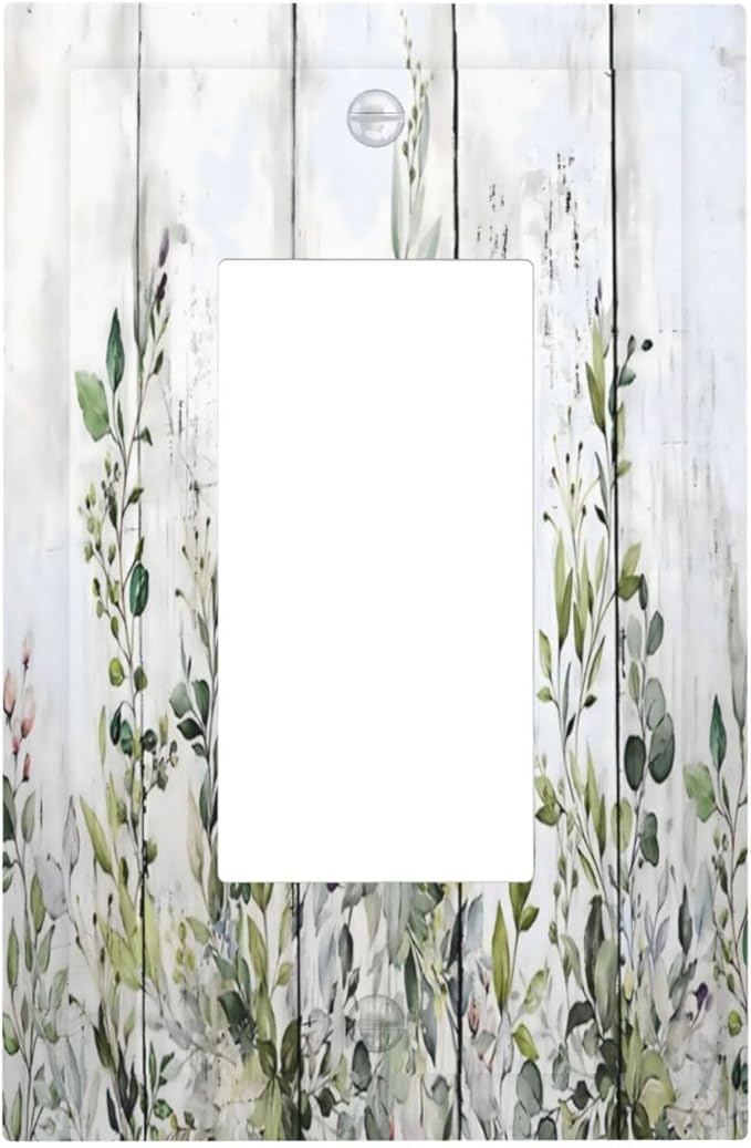 Sage Green Eucalyptus Rustic Country Botanical Leaf Flower Decorative Outlet Covers 1 Gang Single Rocker Light Switch Cover Plate Wall Plates GFCI Faceplate for Farmhouse Bedroom Decor