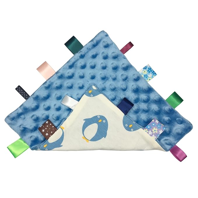 Lovey Baby Soft Plush Taggy Blanket - Minky Dot Comfort Appese Towel, Penguin Pattern, Newborn Toddler Gift, 9 x 9 inches - Blue