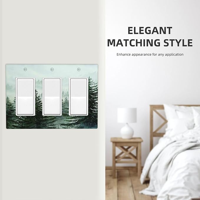 Forest Pinetrees Misty Landscape Nature Light Switch Covers 3 Gang Rocker Decorative Triple Outlet Wall Plate Cover Switchplate Electrical Gfci for Bedroom Farmhouse Decor