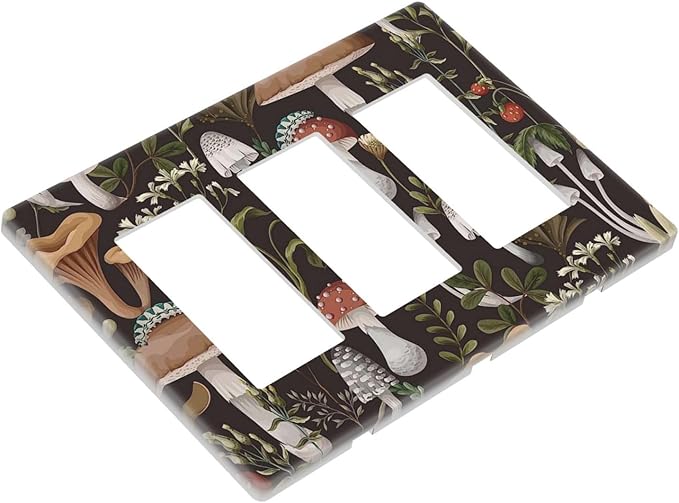 Vintage Boho Hippie Plant Mushroom 3 Gang Triple Rocker/Decora Light Switch Wall Plate Cover Decorative Electrical Faceplate Switchplate for Bathroom Living Room Decor
