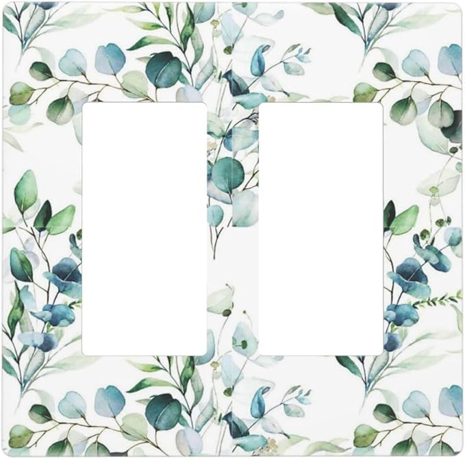 Decorative Double Decorator/GFCI Wall Plate 2 Gang Green Eucalyptus Leaves, Spring Summer Tree Sage Olive Leaf Electrical Outlet Rocker/GFCI Light Switch Cover Faceplate Covers Screwless for Dimmer