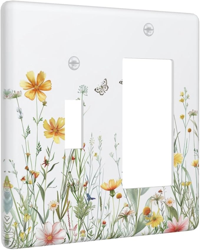 Outlet Covers Rustic Colorful Floral Butterfly Watercolor Flowers 2 Gang Combo Light Switch Cover Plate Toggle Rocker Wallplates Decorative Switch Plates and Outlet Covers for Bathroom Bedroom