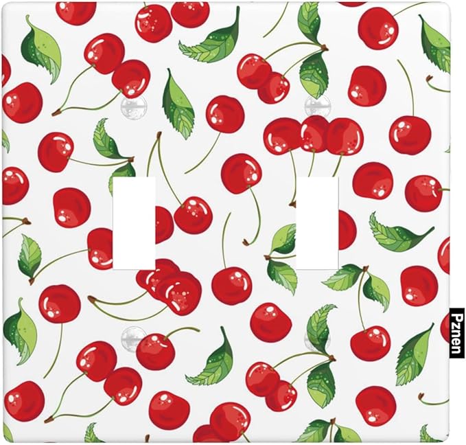 Cherry Fruits 2 Gang Wall Plate Red Cherries with Green Leaves Double Toggle Light Switch Cover Electrical Switchplate Decorative Faceplate Standard Size Home Decor