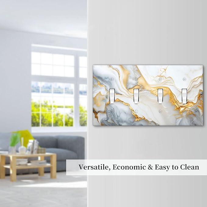 Exquisite White Gold Marble Abstract Luxurious Print Light Switch Covers Quad Toggle Electrical Faceplate 4 Gang Wall Plate Decorative Switch Plates Cover for Bathroom Kitchen Decor