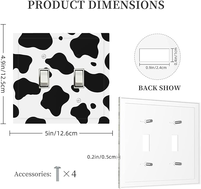 Cow Print Double Toggle Switch Cover - 2-Gang Standard US Size Farmhouse Cowhide Light Switch Covers, Black & White Rustic Animal Print for Country Homes